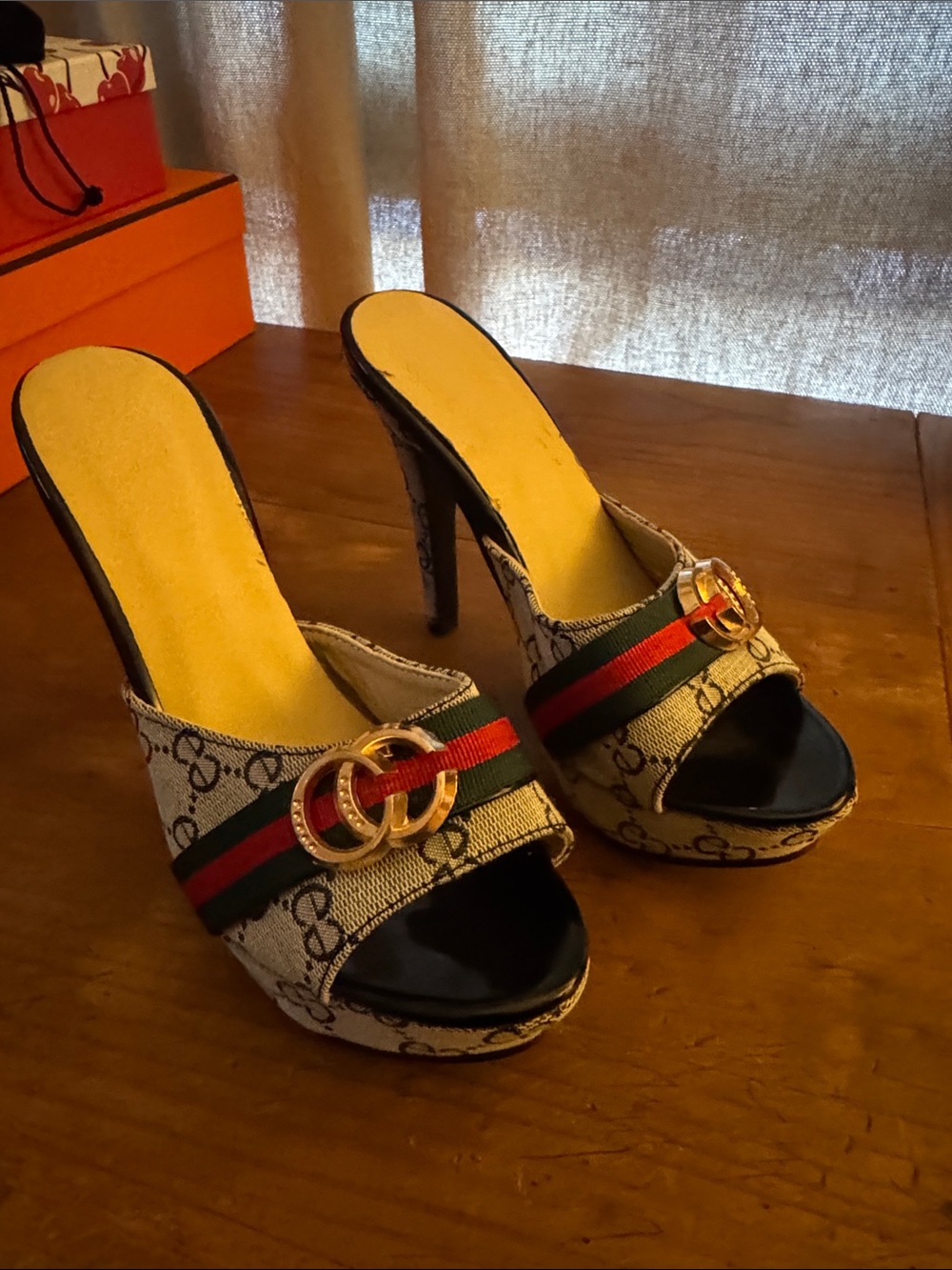 CC Beige CC Canvas Red and Green Web High Heel Mules with Gold Double C